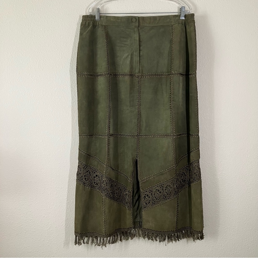 VINTAGE Suede Jacket & Skirt Set Crochet Western Cowgirl Boho Olive Green 2X - Picture 12 of 16